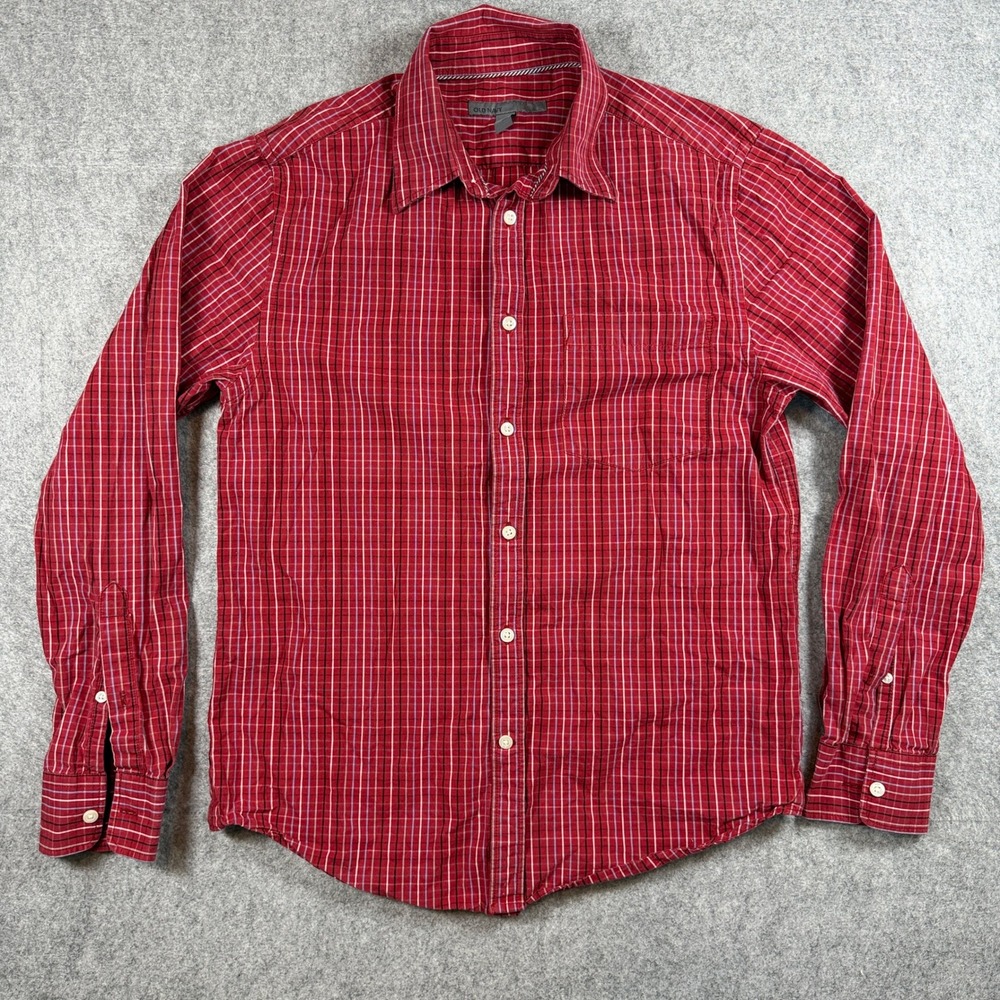 Old Navy Mens Plaid Button Down Shirt Size S Red White 100% Cotton Long Sleeve